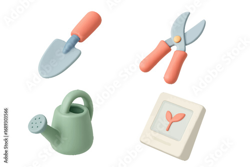 Collection of 3D gardening tools including a trowel, pruning shears, watering can, and seed packet isolated on a white background