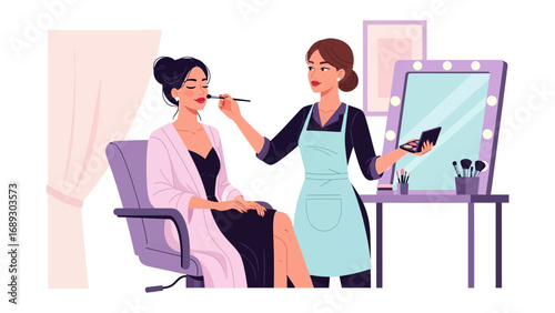 Professional makeup artist applying makeup to a client in a well lit beauty studio with a vanity mirror