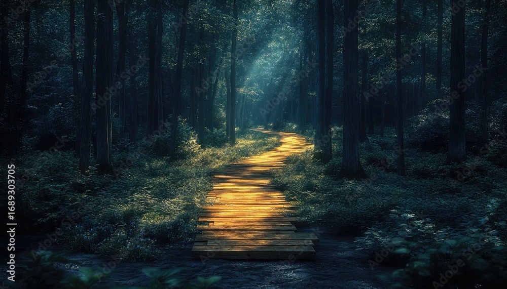 Fototapeta premium A wooden path crosses a stream in a dense, atmospheric, dark forest. Perfect for themes of journey, mystery, nature, or finding your way.