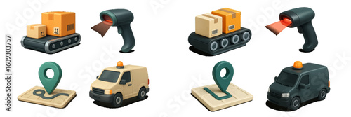Logistics and delivery icon collection with conveyor belt, cardboard box, barcode scanner, delivery van, and map location pin