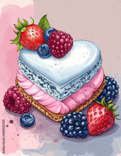 Heart-shaped dessert with berries