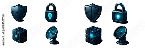 Futuristic 3D cybersecurity icon set with glowing blue shield, lock, cube, and satellite dish for data protection and network technology concepts