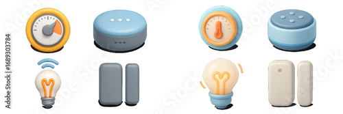 Collection of 3D smart home icons featuring devices for home automation and IoT technology including smart speakers, thermostats, and lightbulbs