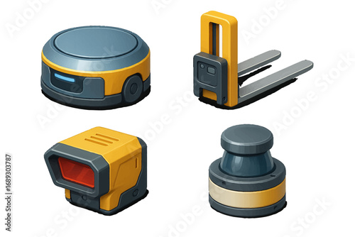 Isometric set of warehouse automation equipment including robots, sensors, and an automated forklift on a white background