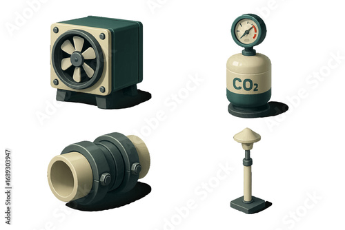 Isometric collection of industrial equipment icons featuring a ventilation fan, CO2 gas cylinder with pressure gauge, and a pipe connector