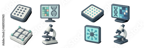 3D science and biology icon set with microscope, DNA analysis on computer, and molecular structure symbols for research and technology