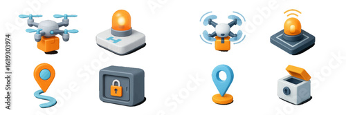 Isometric 3D icon set for logistics and security featuring drone delivery, package tracking, location pin, and safe box