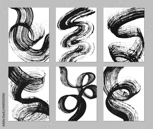 Set of abstract backgrounds. Black ink brush strokes, patterns, posters, cover.	