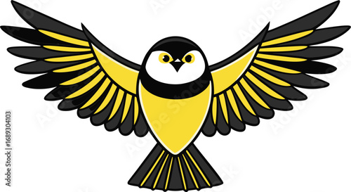 Yellow bird with black wings outstretched white