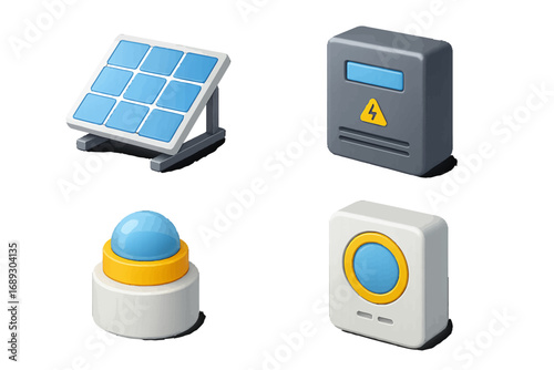Isometric technology icon set with solar panel, electrical power box, push button, and smart home device on a white background