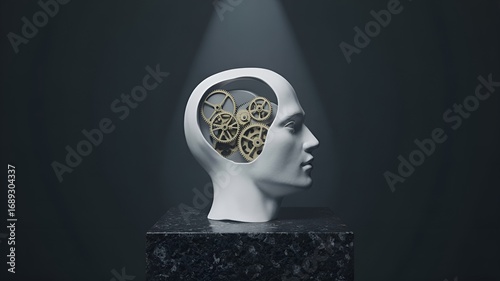 A conceptual representation of the human mind, with gears symbolizing thought processes.