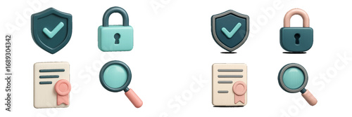 3D security elements with shield, lock, certified document, and magnifying glass for data protection and online privacy concepts