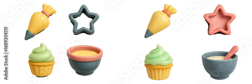 Set of 3D baking icons with cupcake, piping bag, cookie cutter, and mixing bowl for dessert and pastry creation