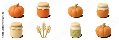 Collection of autumn harvest elements with orange pumpkins, sweet jam jars, and golden wheat stalks isolated on a white background