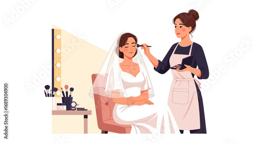 Bride receiving professional makeup application before wedding ceremony by skilled artist