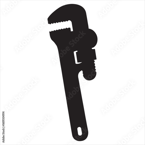 Silhouette of a black pipe wrench tool on a white background representing plumbing and repair work