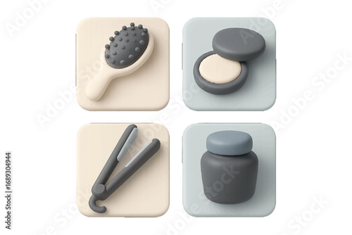 A 3D icon set of beauty and cosmetic items including a hairbrush, powder compact, hair straightener, and cream jar for web and mobile design