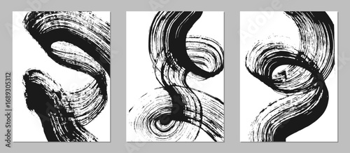 Set of abstract backgrounds. Black ink brush strokes, patterns, posters, cover.	