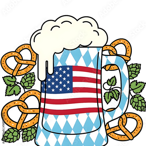 Oktoberfest Beer Stein with Bavarian Pattern, American Flag, Hops, and Pretzels vector illustration