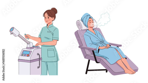Skilled esthetician operates advanced skincare device assisting relaxed client in spa treatment chair