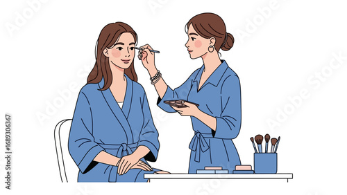 Skilled makeup artist applies delicate eye makeup to a seated client in a blue robe with brushes nearby