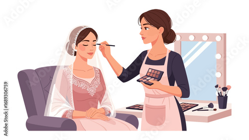 Professional makeup artist applying cosmetic products to a woman s face in a well lit beauty studio setting