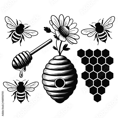 Cute cartoon bee and insect characters flying near a funny yellow flower and a sweet honey hive vector illustration set