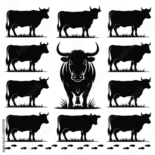 Cow, calf, and cattle set of silhouettes and vector icons including bull, sheep, pig, and goat for farm animal illustration