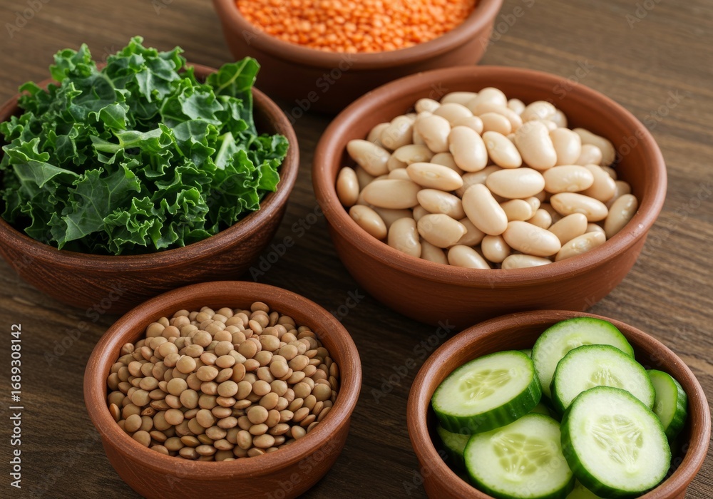 Fototapeta premium Plant based ingredients lentils beans kale and cucumbers styled in rustic bowls