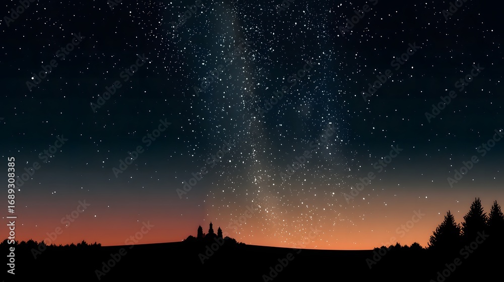 Naklejka premium Starry Sky with Milky Way and Silhouette of Trees at Twilight Horizon