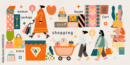 Diverse shoppers with bags and carts enjoying a vibrant and colorful shopping experience with abstract elements