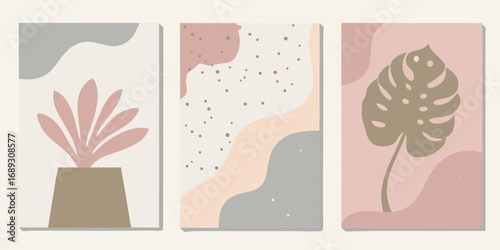 Abstract minimalist triptych art with organic shapes and botanical elements in muted pastel colors
