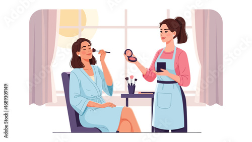 Professional makeup artist applying blush to a client s face in a well lit studio setting