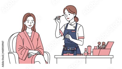 Professional makeup artist applying cosmetics to a seated client in a salon setting