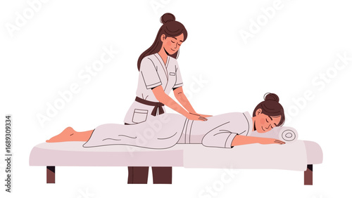 Skilled masseuse provides relaxing therapeutic massage on a portable bed to a contented client