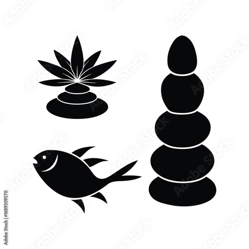 Serene Aquatic Life & Zen Stones Silhouette Vector Illustration