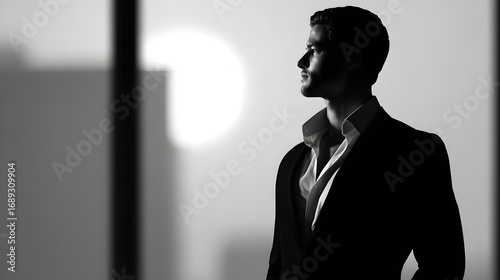 Silhouette of a Confident Man in a Suit against an Urban Sunset Background in Black and White