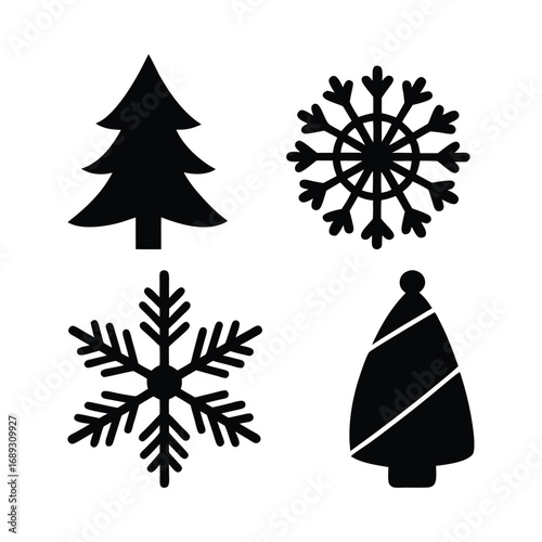 Set of minimalist Christmas tree and snowflake silhouette icons for winter design elements