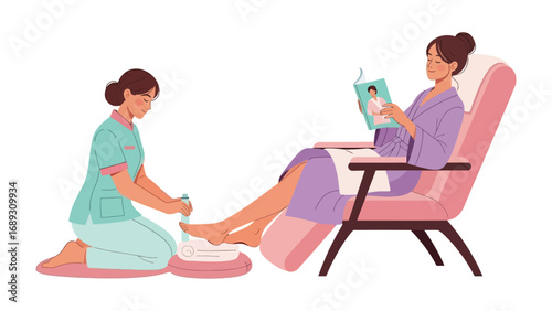 Relaxing pedicure session a woman receives foot care while reading in a comfortable salon chair