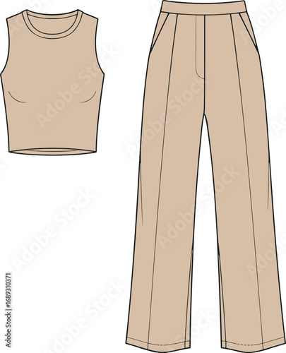 Sleeveless crop top and wide leg pants flat sketch, beige fashion CAD, vector illustration, technical design, clothing template, garment outline