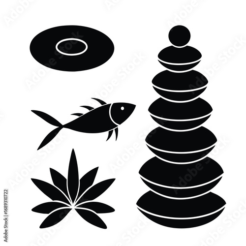 Set of Zen spa elements featuring balanced stones, fish, and lotus flower silhouette vector design