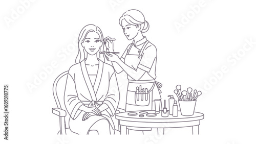 A stylist applies makeup to a seated woman s face in a detailed line drawing illustration