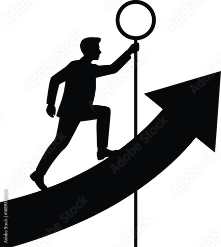 Man climbing arrow towards circle silhouette businessman