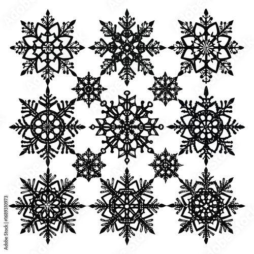 Grid of twelve black snowflake designs on a white background Keywords: snowflake, snow, winter, ice