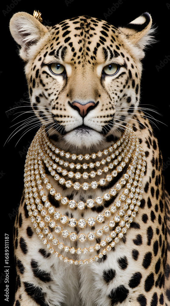 Obraz premium Majestic leopard wearing luxurious diamond necklaces on black background