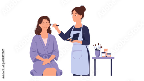 Professional makeup artist applying cosmetics to a seated client in a salon setting