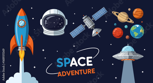 Flat vector illustration of space adventure with rocket astronaut and planets