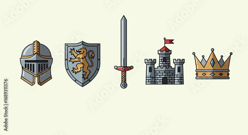 Flat vector medieval knight set with helmet shield sword castle crown