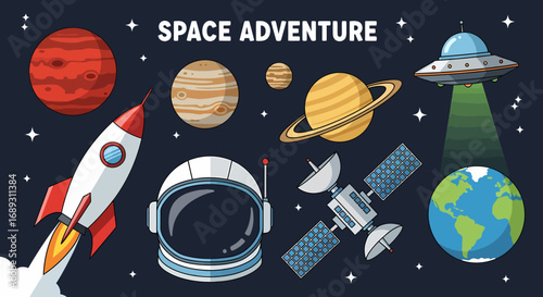 Flat vector space adventure with rocket and planets