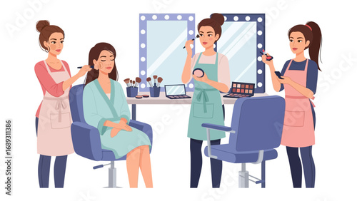 Professional makeup artists meticulously applying cosmetics to a client in a well lit beauty salon setting